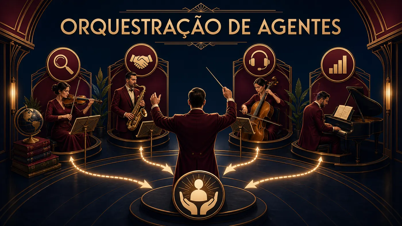 Maestro coordenando agentes especializados em pesquisa, vendas, atendimento e relatórios com governança humana