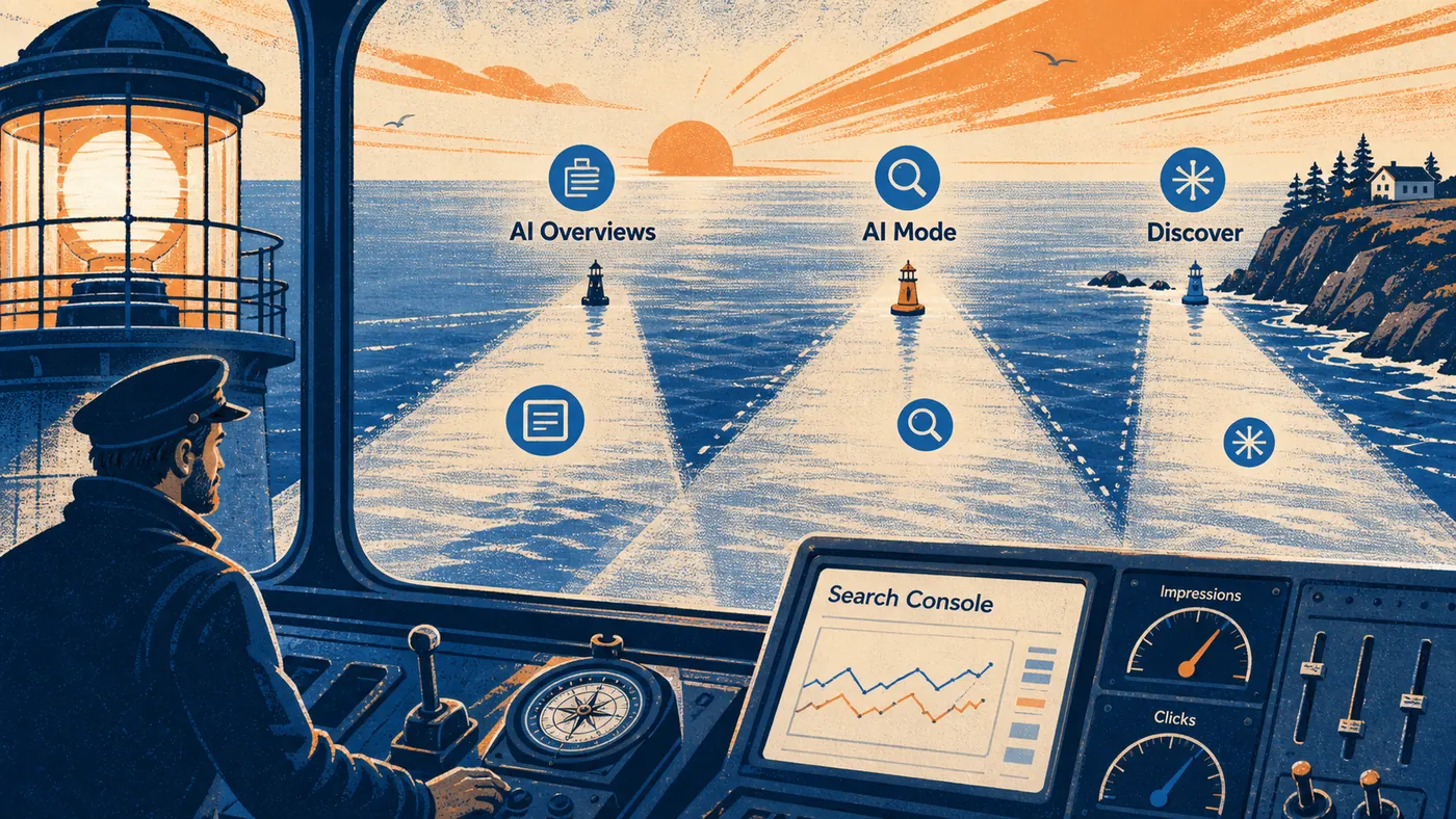 Farol do Search Console medindo impressões e cliques nos canais AI Overviews, AI Mode e Discover