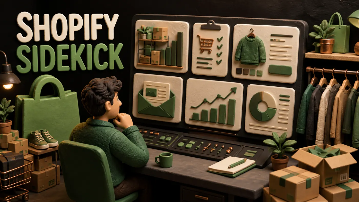 Lojista usando Shopify Sidekick para analisar estoque, pedidos, produto, e-mail e oportunidades de crescimento