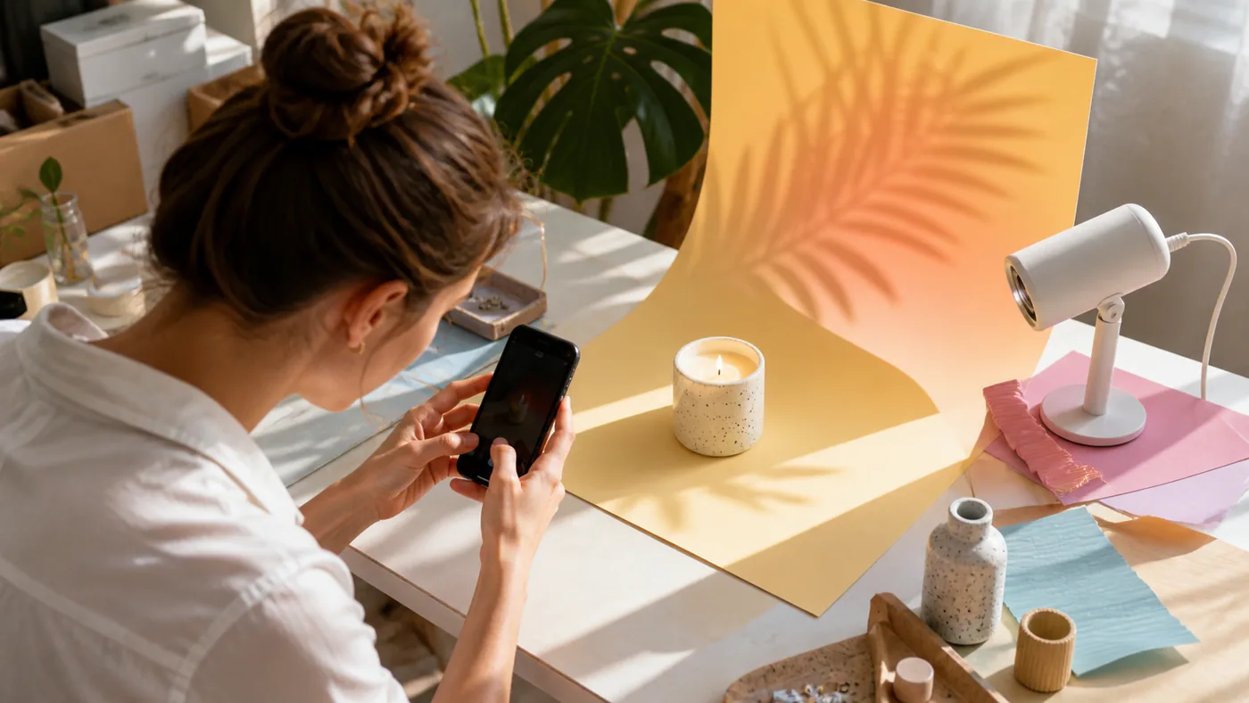 Pequena lojista criando uma imagem criativa de produto no celular em um estúdio de mesa