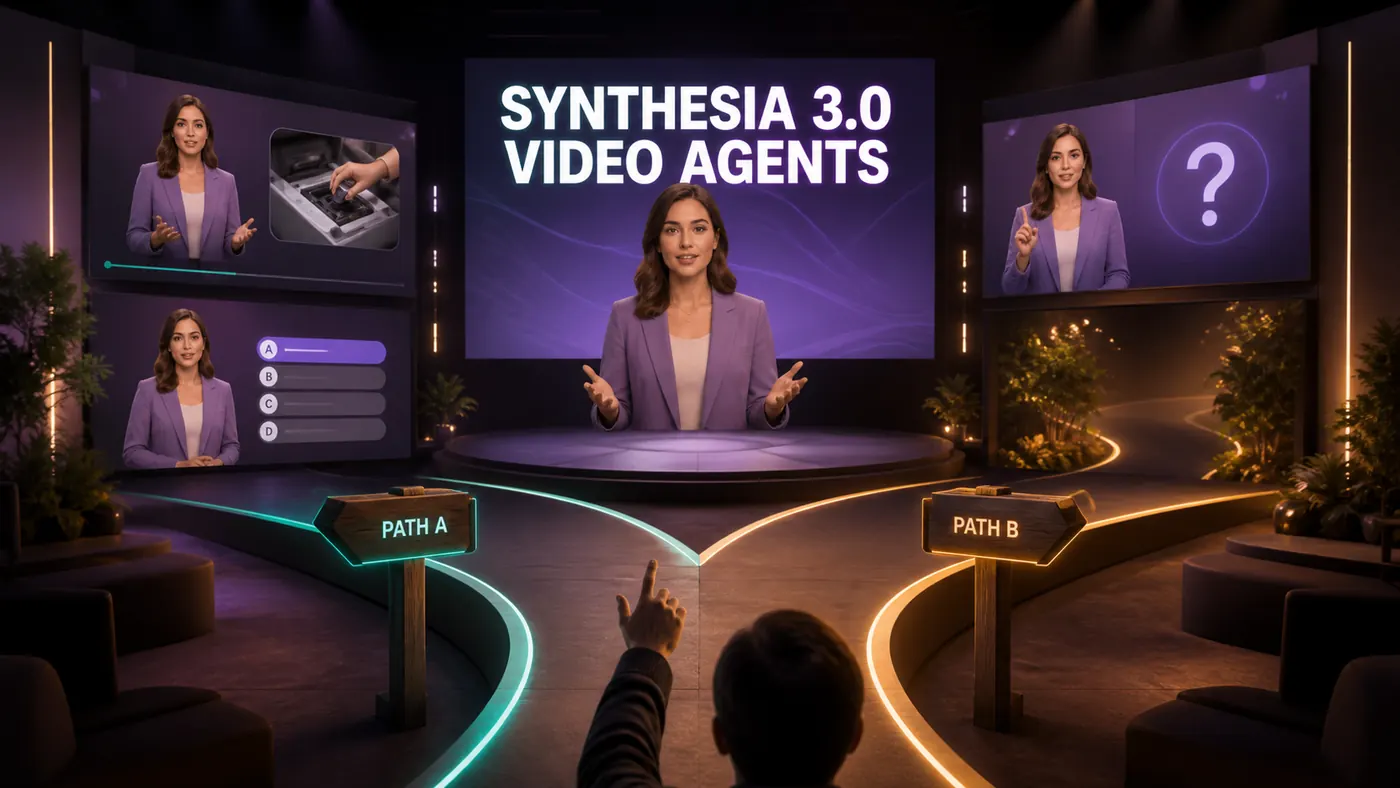 Teatro interativo do Synthesia 3.0 com avatar, demonstração, pergunta e caminhos diferentes de treinamento