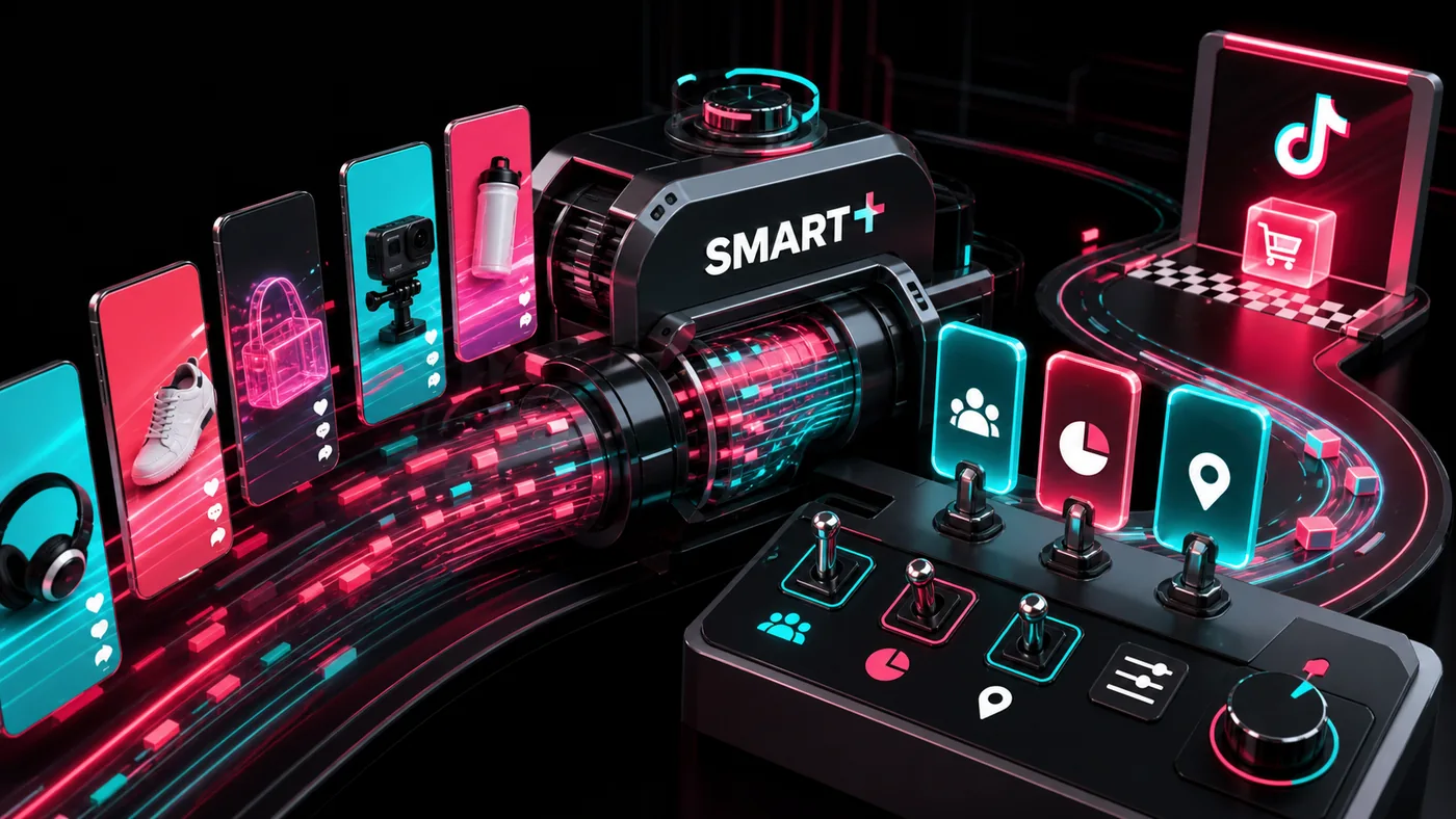 Central TikTok Smart+ combinando vídeos verticais, público, orçamento e posicionamentos com controles manuais antes da conversão