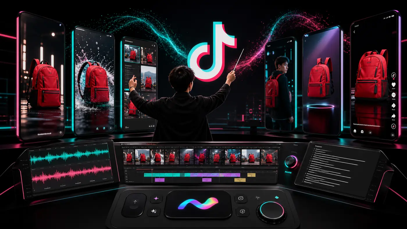 Criador usando o TikTok Symphony para transformar uma mochila vermelha em diferentes formatos de anúncio em vídeo