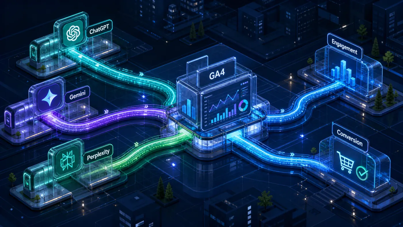 Mapa luminoso levando tráfego do ChatGPT, Gemini e Perplexity ao GA4 e às estações de engajamento e conversão