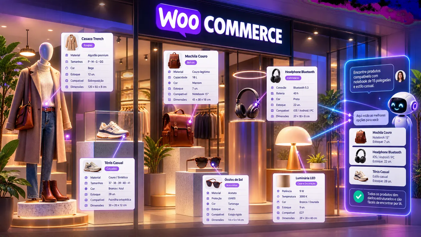 Vitrine WooCommerce com produtos, atributos estruturados e um assistente de compras encontrando opções compatíveis