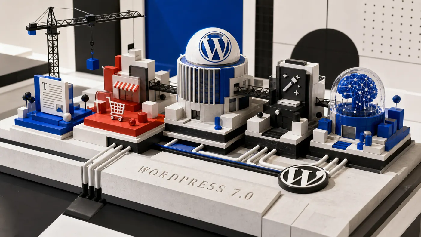 Maquete arquitetônica do WordPress 7.0 conectando módulos de conteúdo, comércio, habilidades, conectores e inteligência artificial