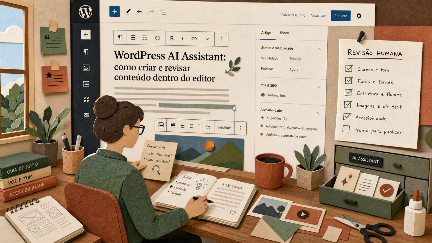 Estúdio de colagem dentro do editor WordPress com redatora, assistente de IA e checklist de revisão humana