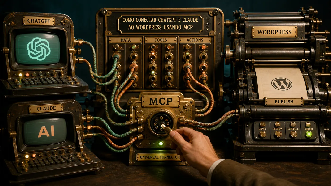 Central retrofuturista conectando ChatGPT e Claude a uma prensa WordPress por um conector MCP com aprovação humana