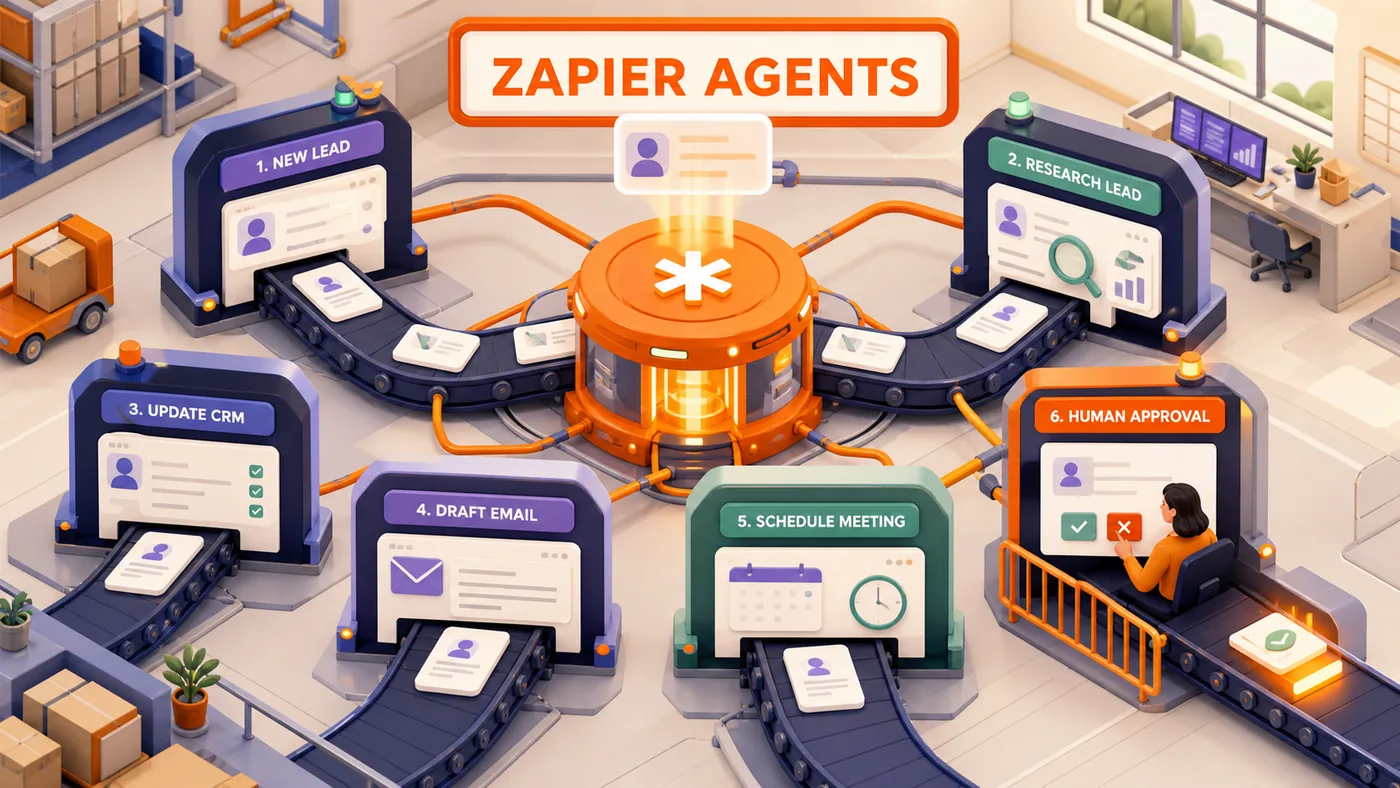 Central Zapier Agents pesquisando lead, atualizando CRM, criando e-mail, agendando reunião e aguardando aprovação humana
