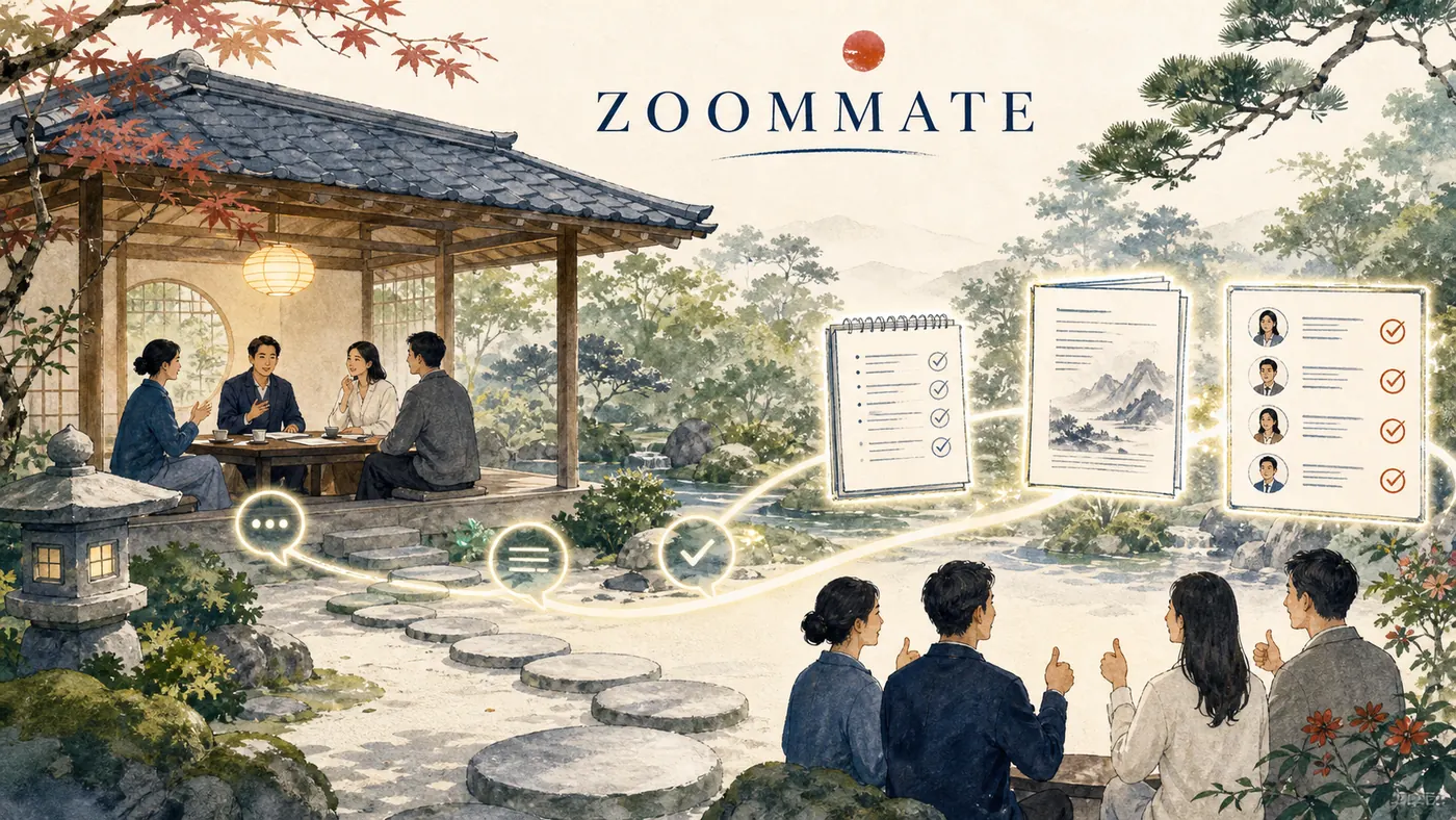 Jardim em aquarela do ZoomMate ligando uma reunião a notas, decisões, documento e tarefas aprovadas