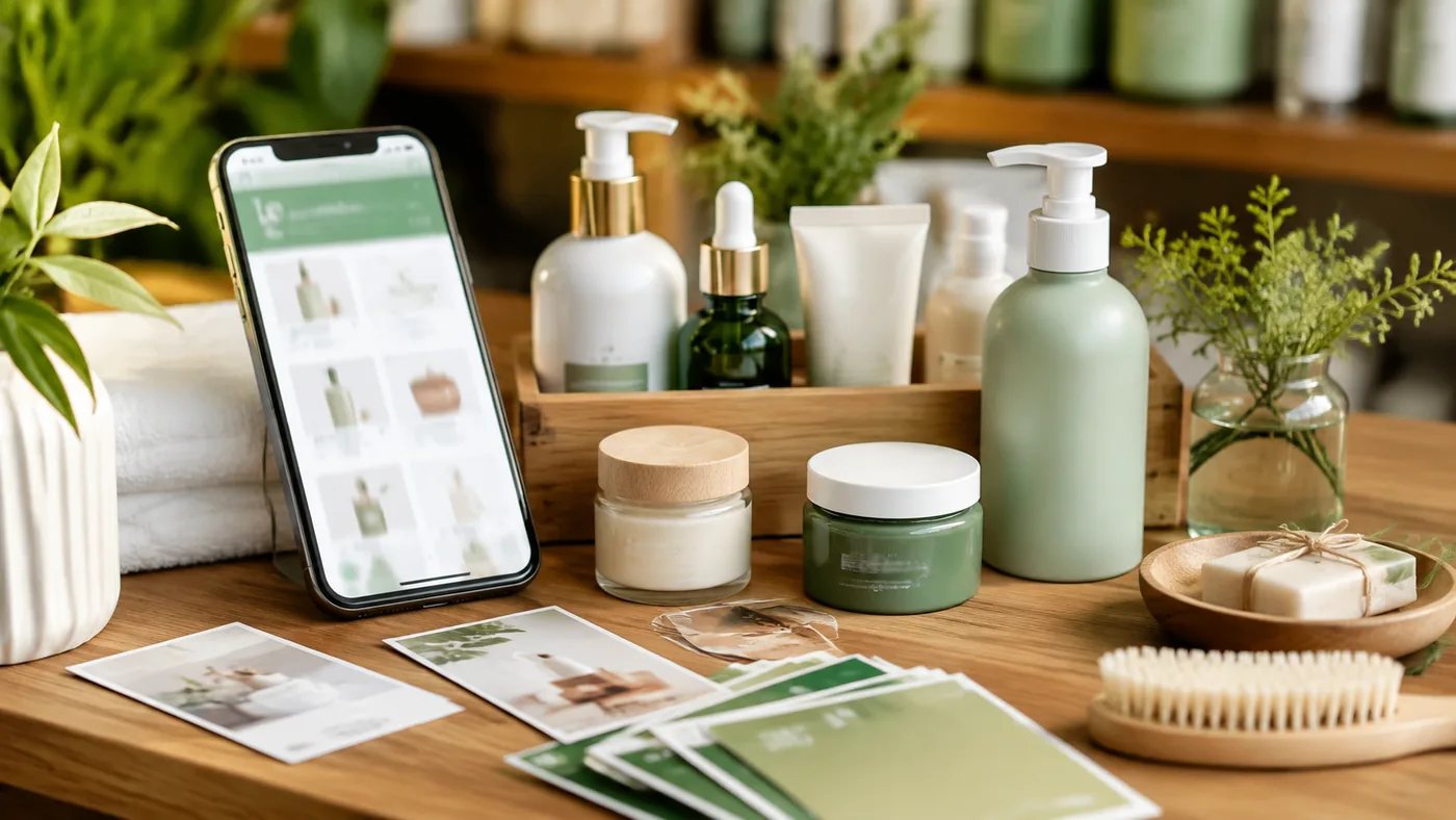Catálogo digital de produtos organizado para WhatsApp em um celular ao lado de itens reais