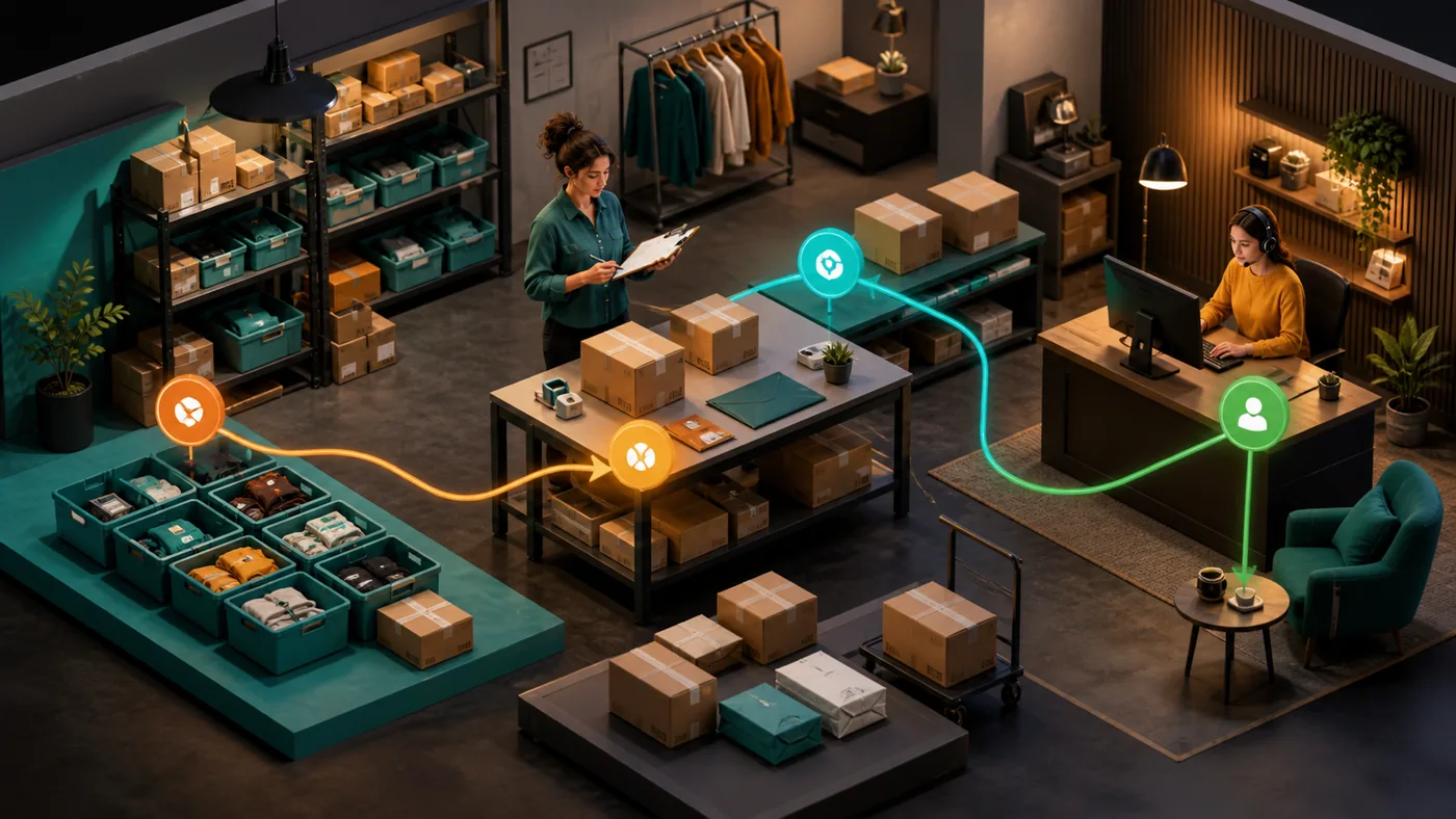 Painel operacional de ecommerce com pedidos, caixas de estoque e atendimento humano em uma operação organizada
