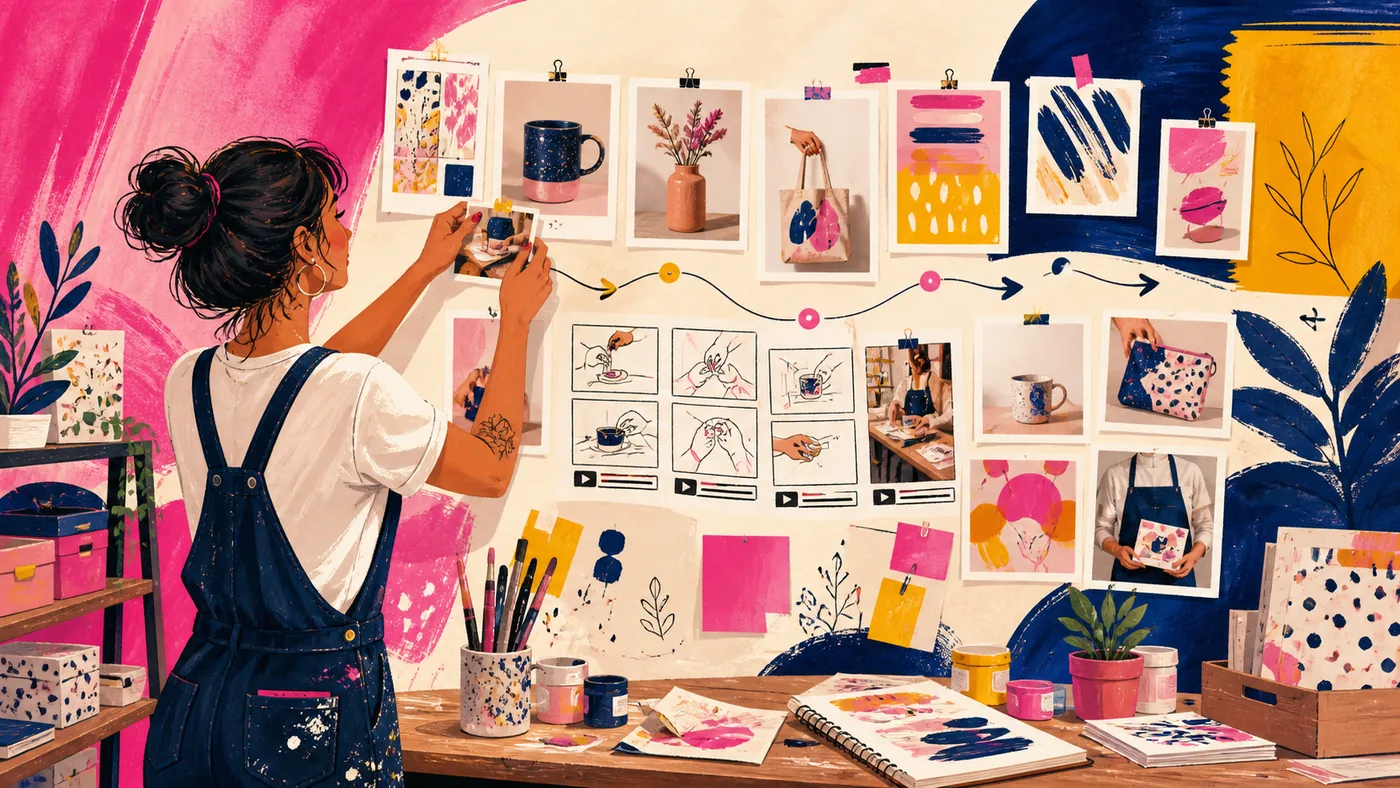 Pequena empresária planejando conteúdo visual para Instagram com fotos de produtos e calendário criativo