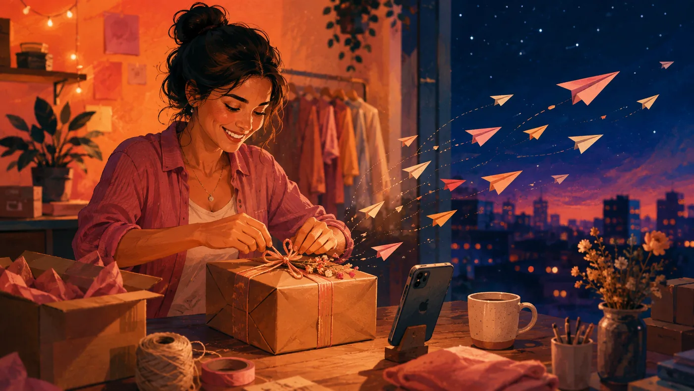 Pequena empreendedora celebrando a primeira venda online com celular, embalagem de produto e plano de divulgação