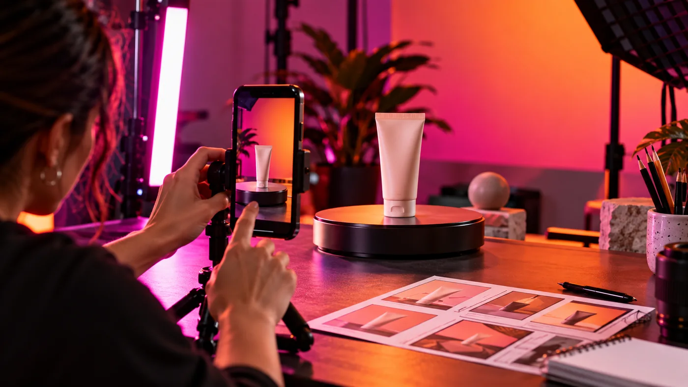 Criação de anúncio vertical com produto real, iluminação de estúdio e roteiro visual curto