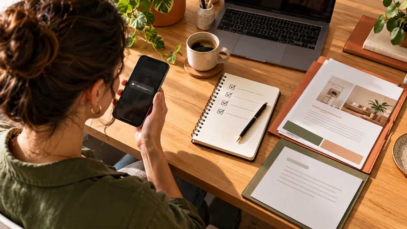 Dona de empresa ouvindo áudio no celular e organizando proposta, tarefas e resposta em uma mesa de trabalho