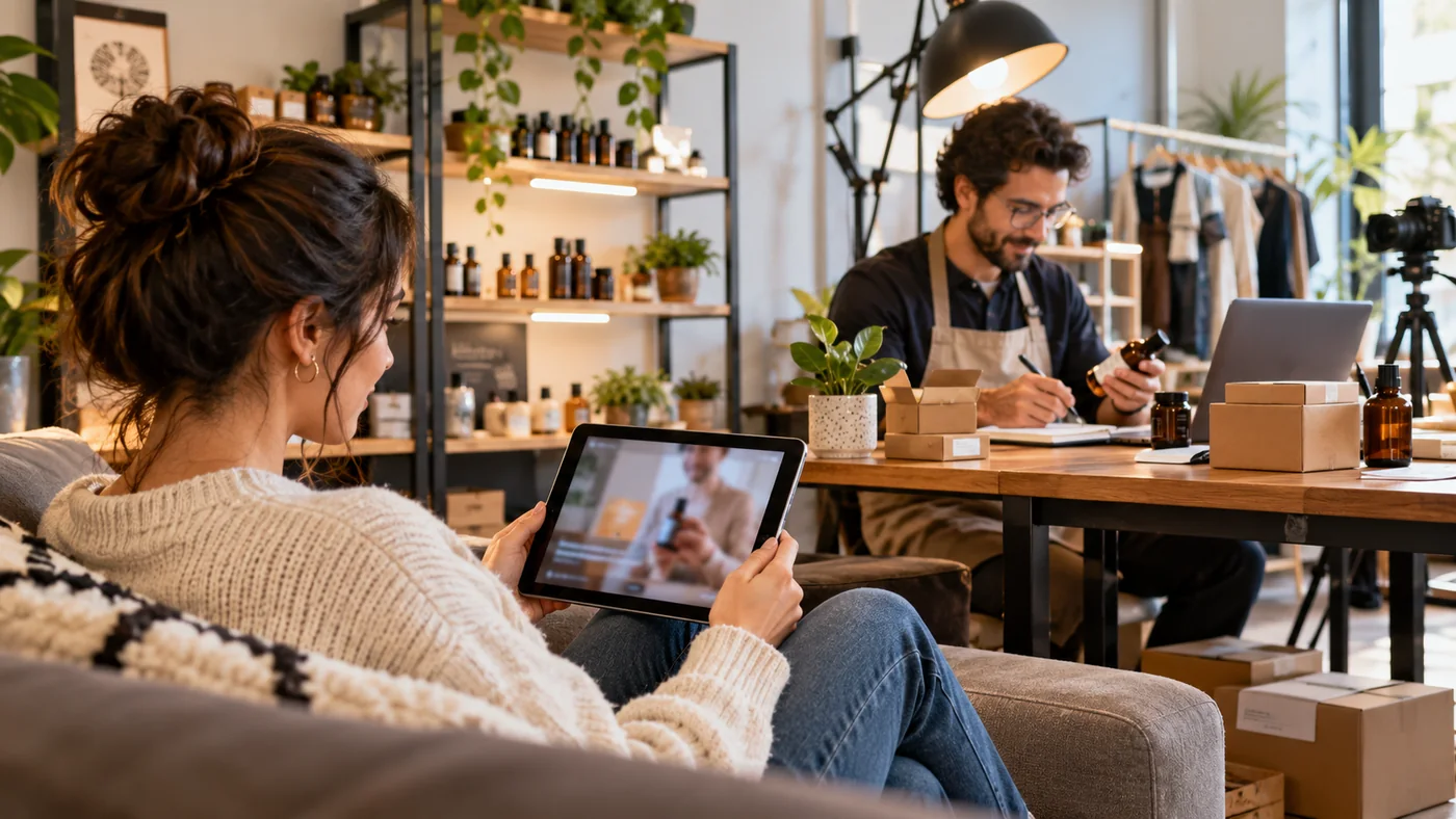 Cliente assistindo a vídeo de produto enquanto uma especialista organiza respostas e informações úteis