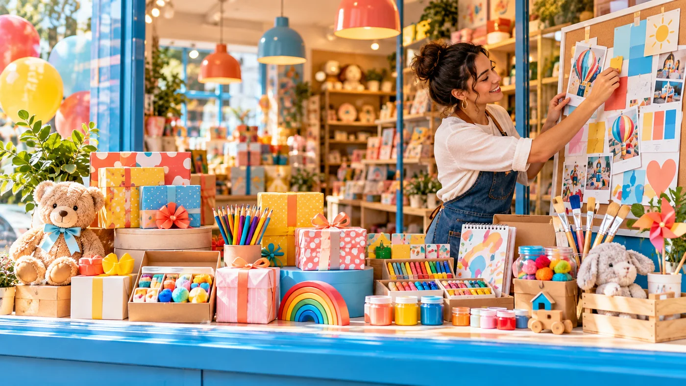 Vitrine de loja alegre preparada para Dia das Crianças com brinquedos, cartões e planejamento de campanha