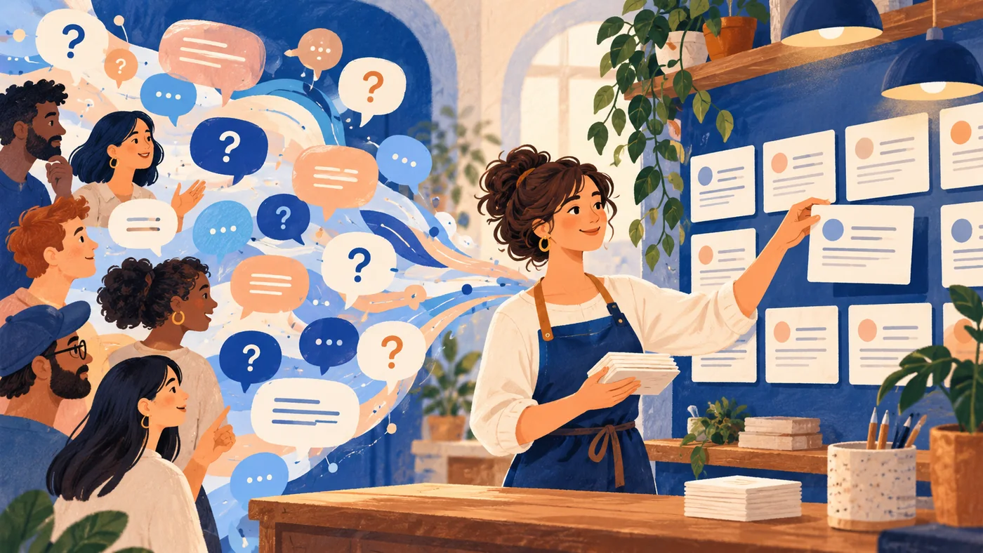 Conversas de atendimento se transformando em cartões de perguntas e respostas organizados para um site