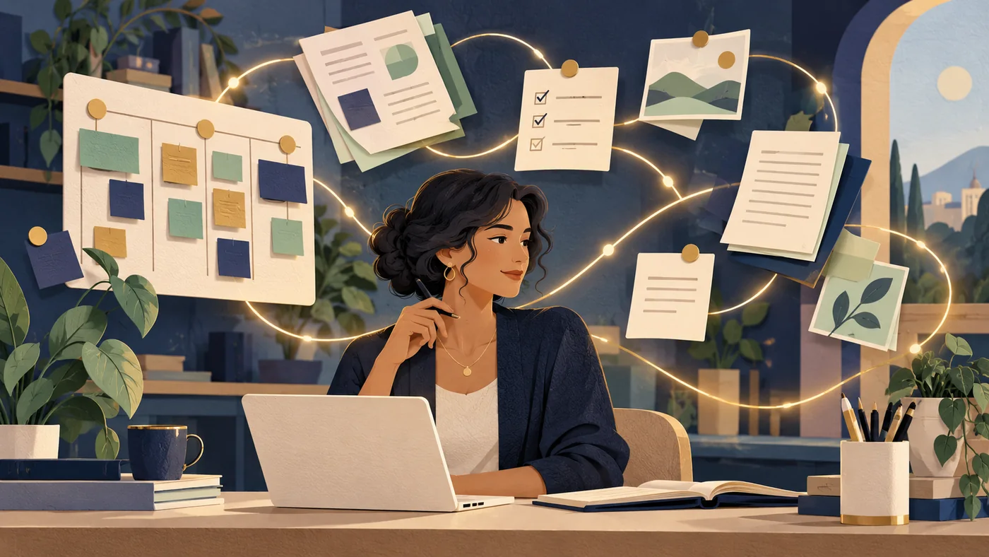 Mesa de trabalho moderna conectando projetos, notas, documentos e tarefas por caminhos luminosos