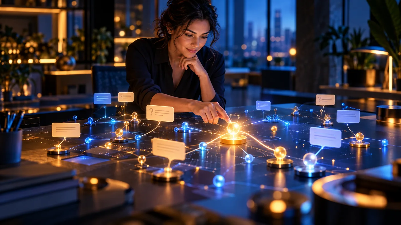 Profissional analisando oportunidades de campanha em um painel de marketing com apoio de IA