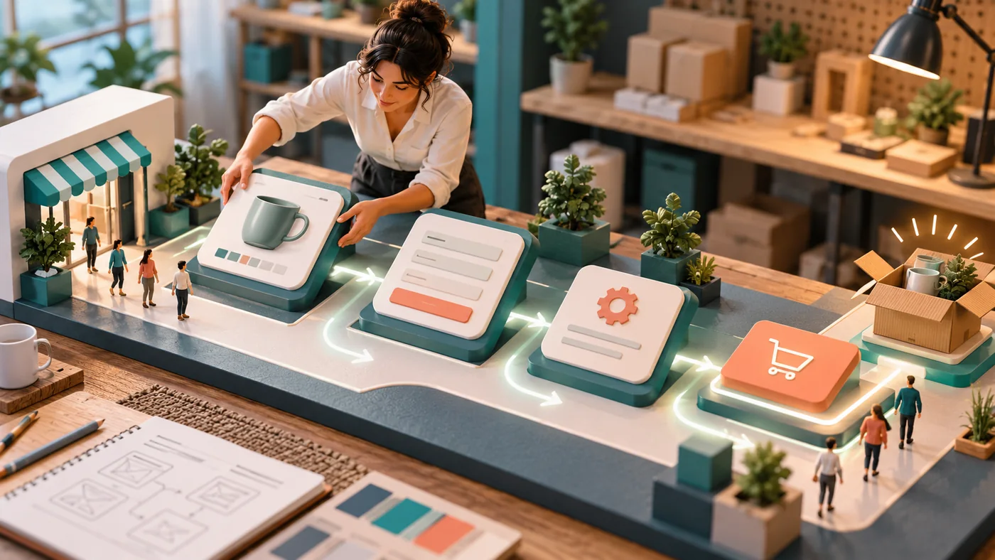 Empresária revisando páginas de site, formulário, produto e pedido em um quadro de melhorias digitais